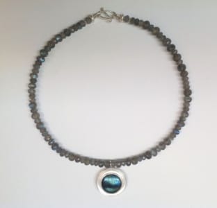 Large round labradorite cabochon set in sterling silver, faceted labradorite beads