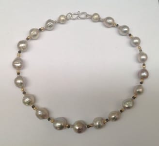 Silver grey freshwater pearls, grey quartz, 18 carat yellow gold beads, sterling silver clasp