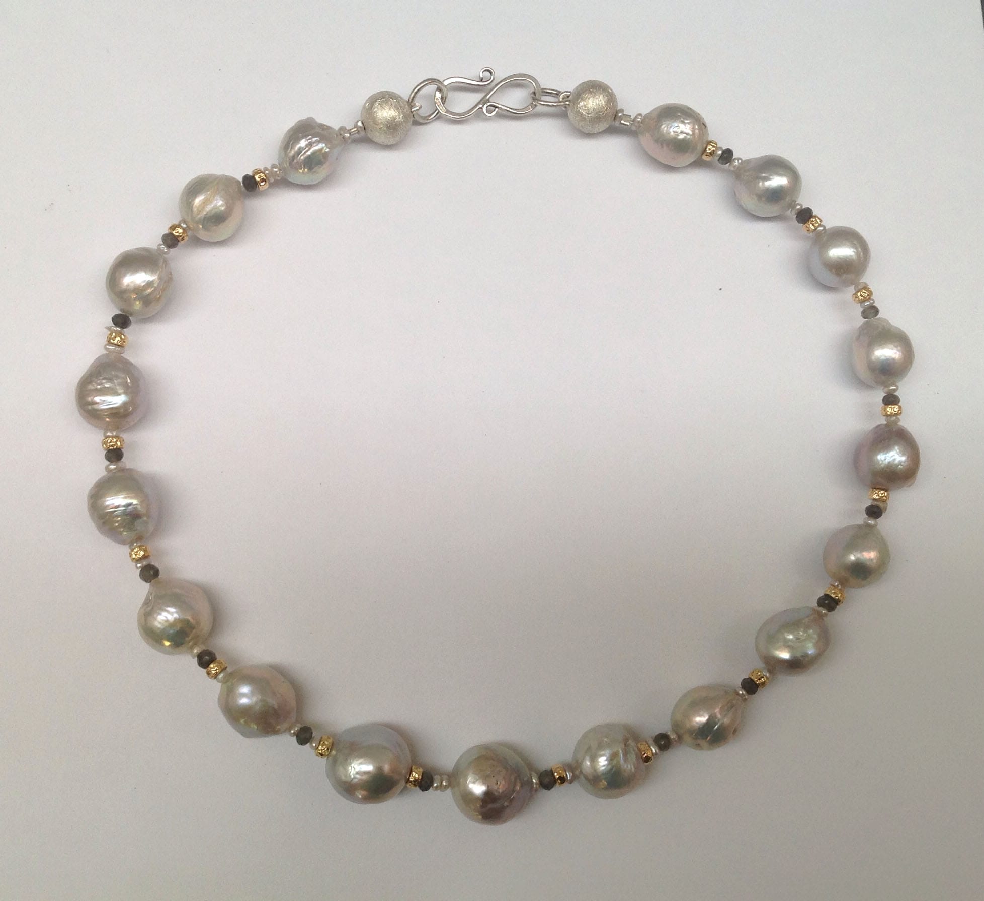 Silver grey freshwater pearls, grey quartz, 18 carat yellow gold beads, sterling silver clasp