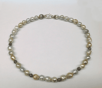 Grey and golden south sea pearls, diamond studded beads, 18 carat white gold clasp