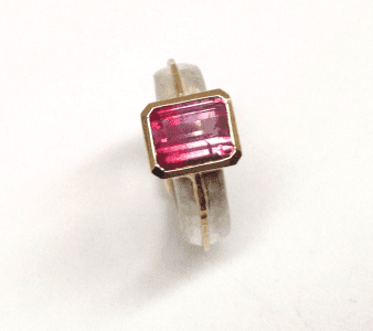 Bi-colour pink purple tourmaline set in 18 carat yellow gold, sterling silver