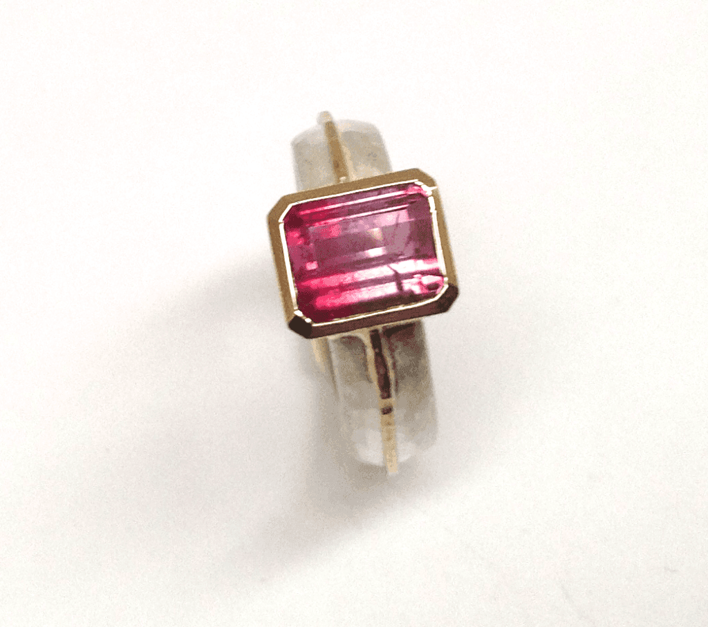 Bi-colour pink purple tourmaline set in 18 carat yellow gold, sterling silver