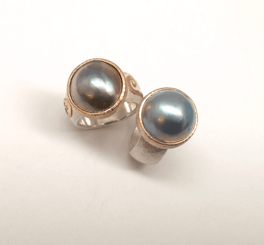 Blue pink mabe pearls set in 9 carat rose gold and yellow gold, sterling silver