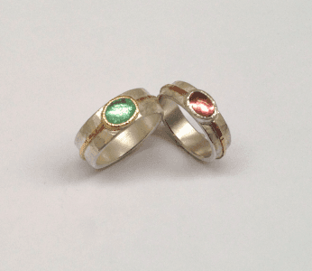 Pink and green tourmaline set in 18 carat yellow gold, 9 carat rose gold, sterling silver