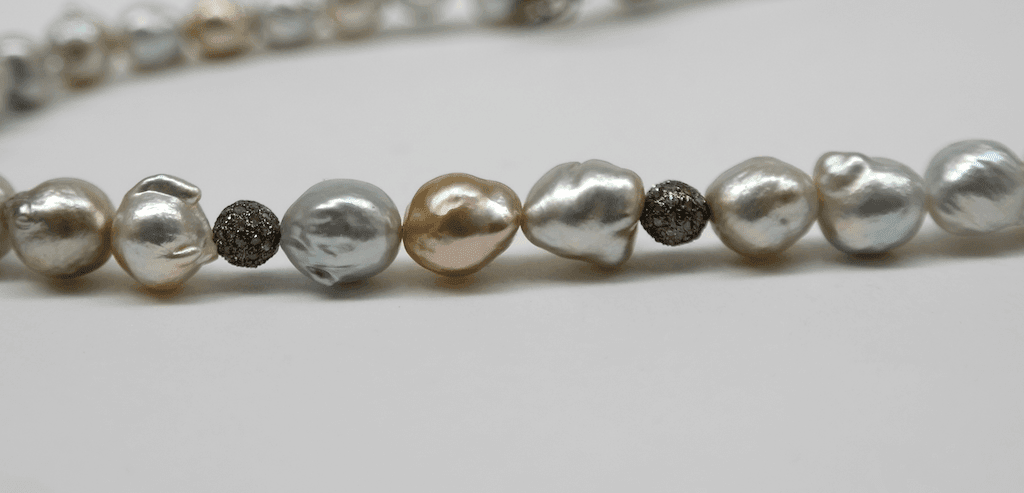 Yellow and grey south sea pearls, diamond studded beads