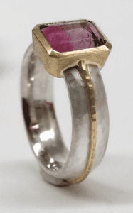 Bi-colour pink purple tourmaline set in 18 carat yellow gold, sterling silver
